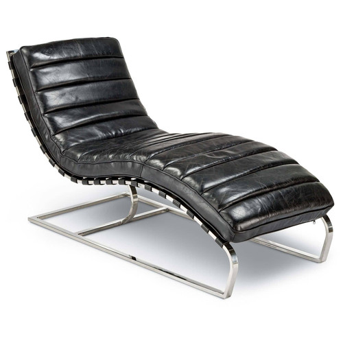 black leather chaise lounge with polished nickel frame